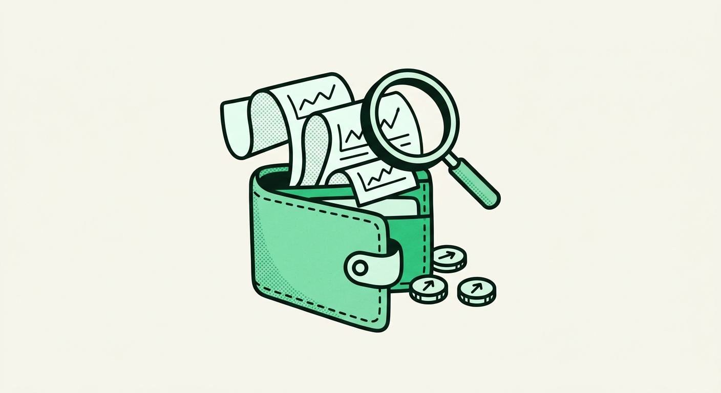 Illustration of an open wallet with trade receipts under a magnifying glass