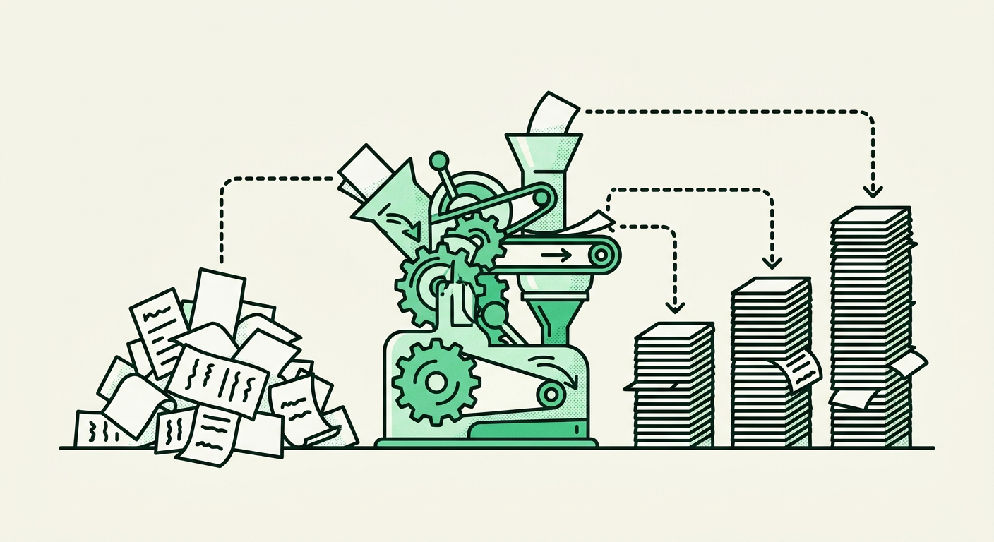 Illustration of a machine sorting messy receipts into neat stacks